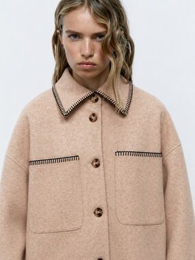 Zara Contrast Stitch Overshirt Jacket Wool Blend Beige Size S